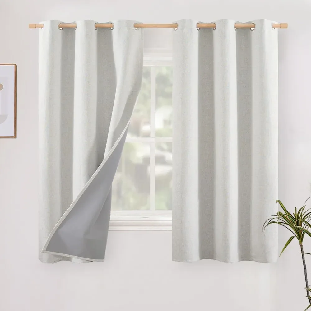 Set of 2 Curtain Panels, 42 X 40 Inch, Ivory Linen Blackout Curtains